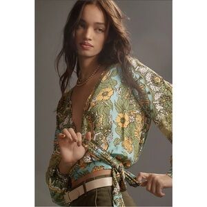 NWT Tiny by Anthropologie Retro Print Lace Top Floral Green Blue XXS fits S